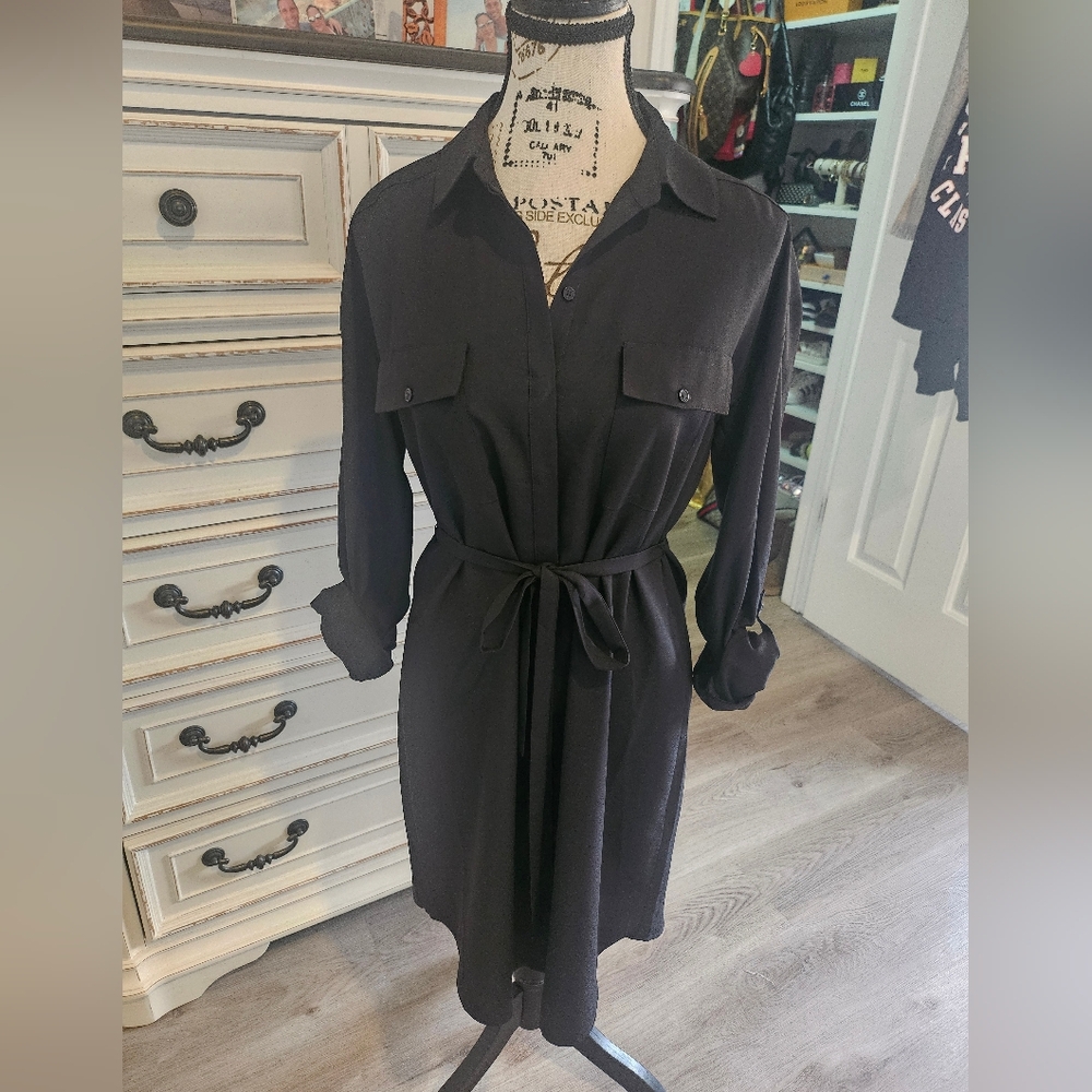 Express Black Long-Sleeve Shirt Dress with Waist Tie